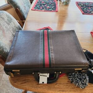 Vintage Gucci Brown Leather Briefcase with Green and Red Stripes